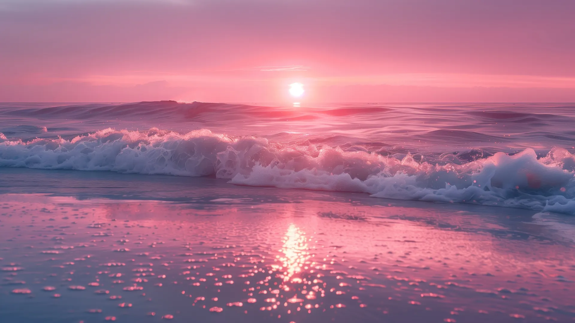 粉色 日落 波浪 海滩 电脑壁纸 4K壁纸