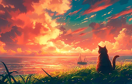 猫 自然 船 云 数字艺术 人工智能艺术 草 日落 电脑壁纸 4K壁纸