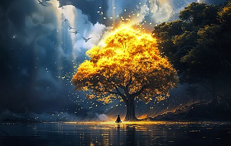 树 云 湖 植物 人工智能艺术 电脑壁纸 4K壁纸