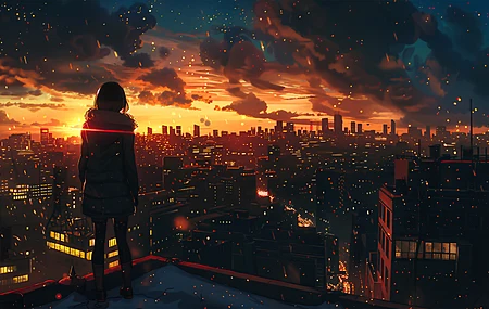 人物 城市景观 云彩 日落 夜晚 AI艺术 屋顶 天空 电脑壁纸 4K壁纸