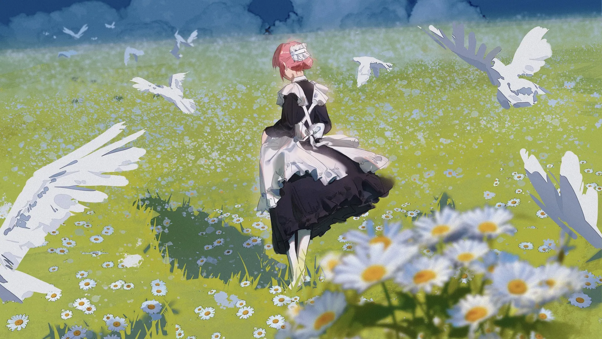 动漫 动漫女孩 女仆装 鸟 花 女仆 草 领域 围裙  电脑壁纸 4K壁纸
