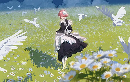 动漫 动漫女孩 女仆装 鸟 花 女仆 草 领域 围裙  电脑壁纸 4K壁纸