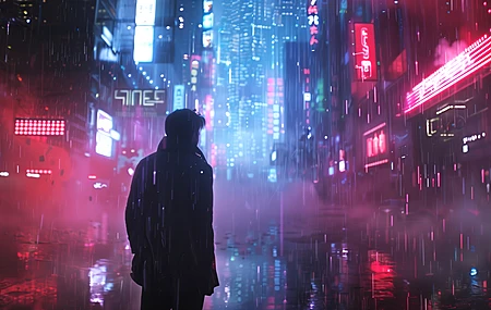 人工智能艺术 赛博朋克 插图 雨 城市 街道 剪影 霓虹灯 电脑壁纸 4K壁纸
