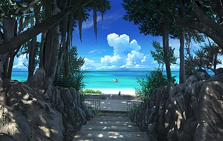 楼梯 海滩 岩石 海景 水 天蓝色 电脑壁纸 4K壁纸