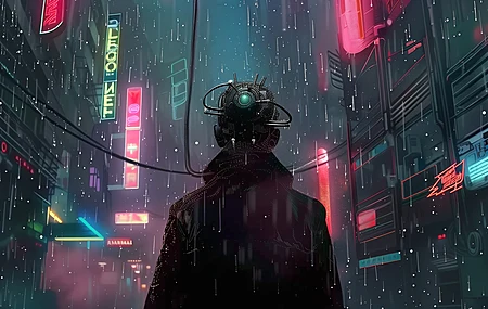 AI艺术 赛伯朋克 插图 雨 城市 耳机 霓虹灯 街道 电脑壁纸 4K壁纸