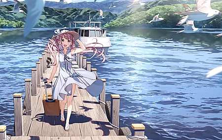 动漫女孩 船 海鸥  电脑壁纸 4K壁纸