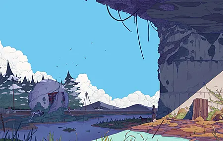 数字艺术 艺术品 插图 云 森林 树 阳光 河 水 鸭子 桥下 环境 鸟 动物 狗 电脑壁纸 4K壁纸