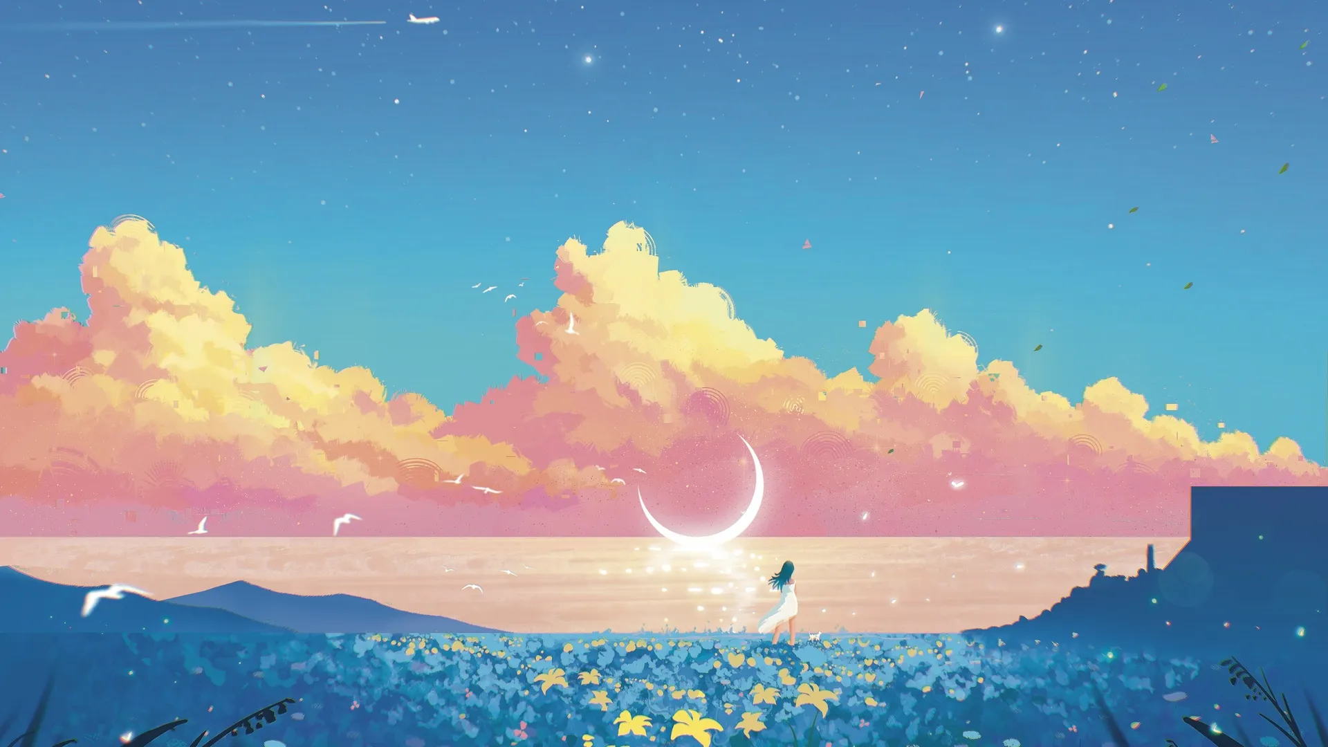 绘画 风景 领域 植物 花 月亮 云 鸟 动物 飞机 水 白色衣服 星星  电脑壁纸 4K壁纸