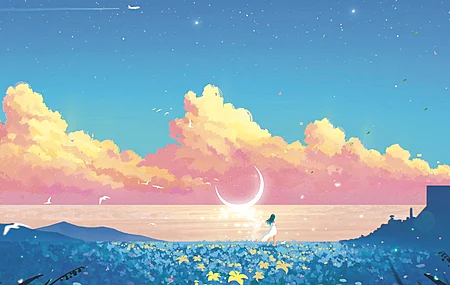 绘画 风景 领域 植物 花 月亮 云 鸟 动物 飞机 水 白色衣服 星星  电脑壁纸 4K壁纸