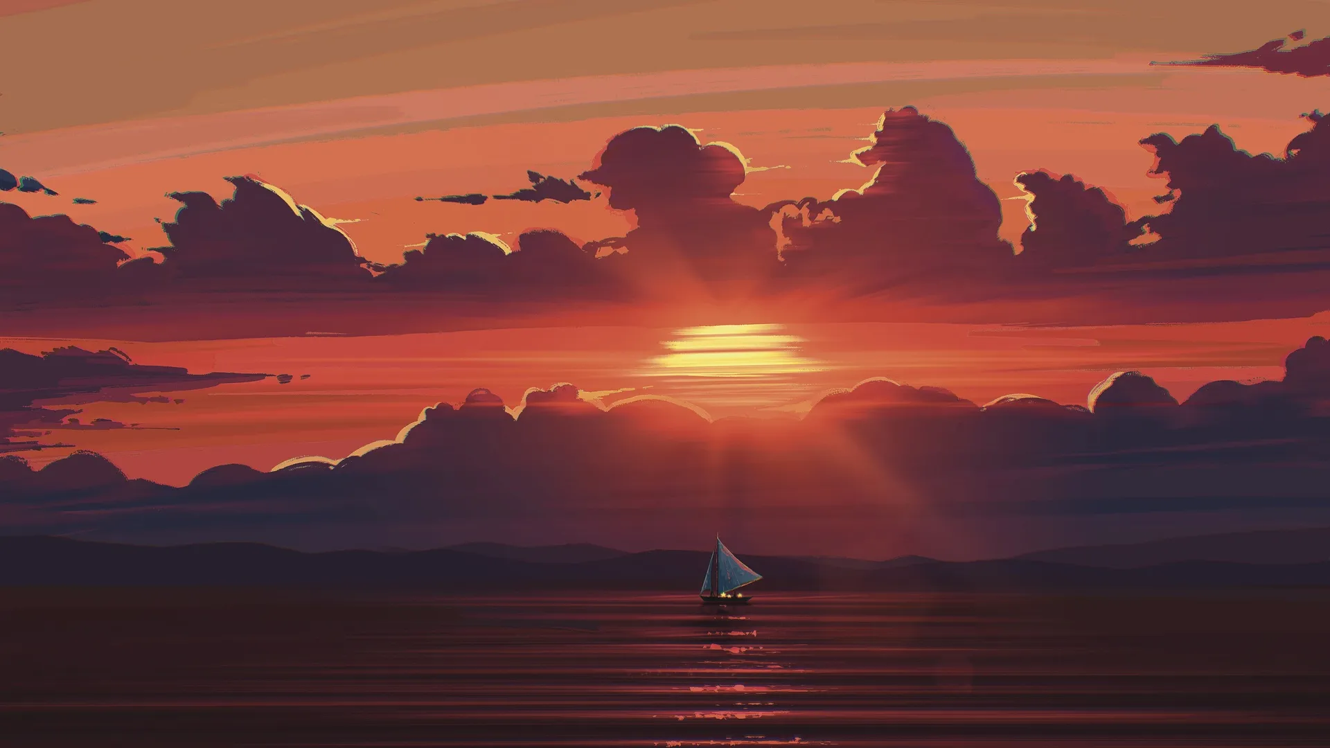 风景 日落 海 水 云 太阳 船 帆船 山 天空 阳光 电脑壁纸 4K壁纸