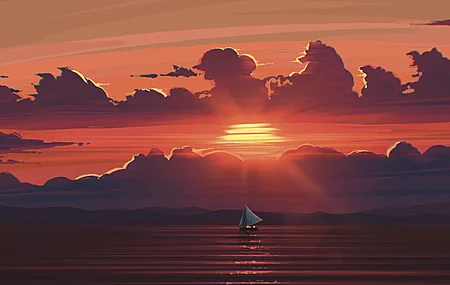 风景 日落 海 水 云 太阳 船 帆船 山 天空 阳光 电脑壁纸 4K壁纸
