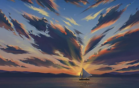 数字艺术 艺术品 插图 绘画 风景 云 海 水 船 帆船 日落 天空 电脑壁纸 4K壁纸