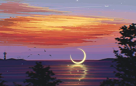海 水 云 月亮 鸟 树 日落 飞机 灯塔 电脑壁纸 4K壁纸