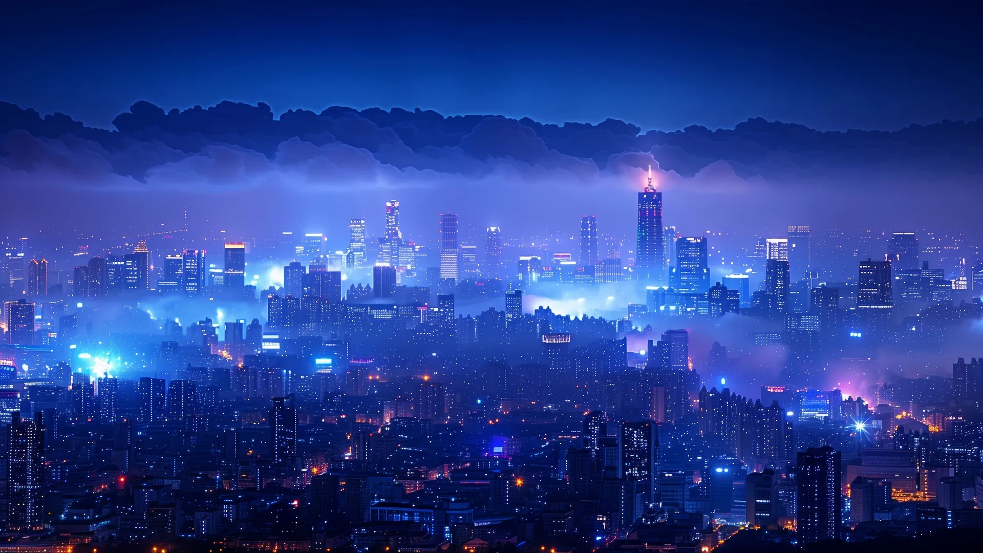 人工智能艺术 城市景观 夜 发光 蓝色 电脑壁纸 4K壁纸