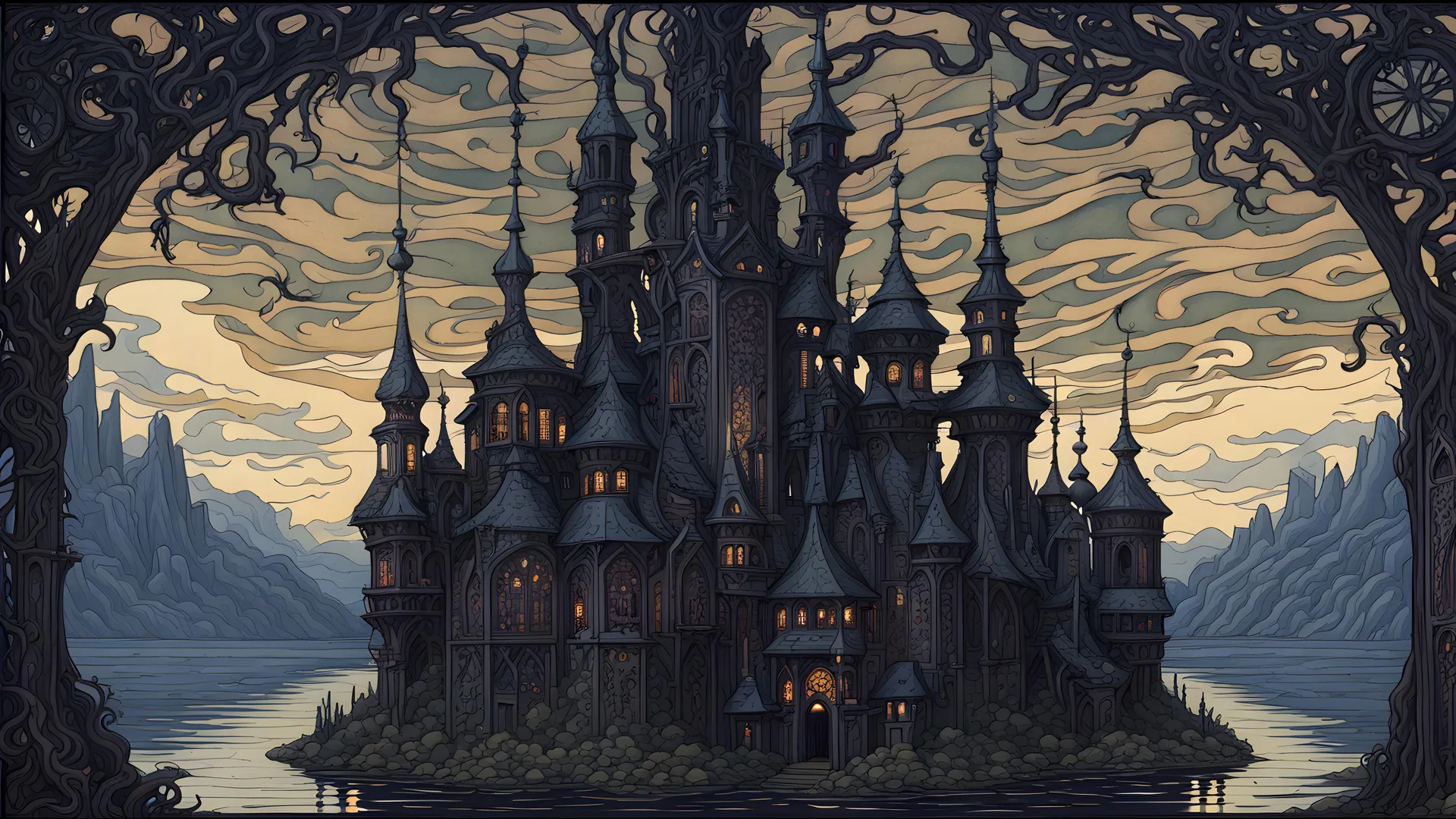 城堡 幻想城堡 故事书 边界 云 湖 人工智能艺术 电脑壁纸 4K壁纸