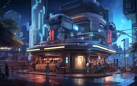 AI艺术 城市 插图 未来派 晚餐 夜 电脑壁纸 4K壁纸