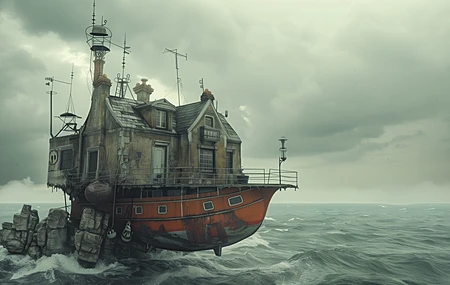 船 房子 海 多云 岩石  电脑壁纸 4K壁纸