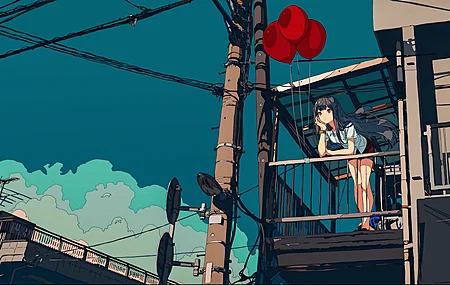动漫女孩 天空 云 阳台  气球 电脑壁纸 4K壁纸