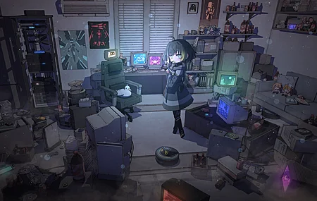 看着观众 短发 动漫女孩 室内 电脑壁纸 4K壁纸