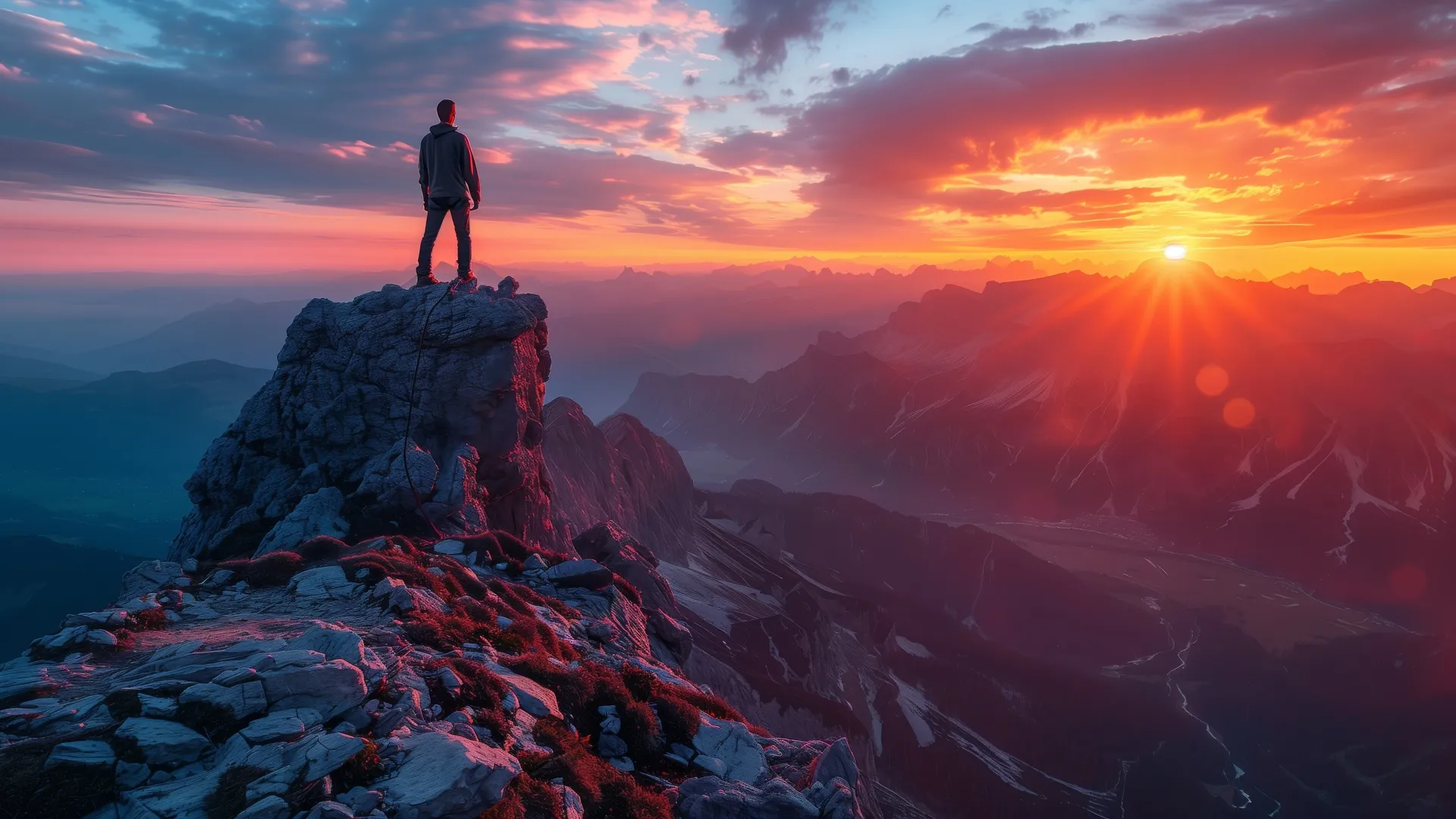 站立 人工智能艺术 剪影 山顶 山景 日落 日出 云 山  电脑壁纸 4K壁纸