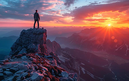 站立 人工智能艺术 剪影 山顶 山景 日落 日出 云 山  电脑壁纸 4K壁纸
