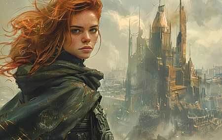 妇女 红发 人工智能艺术 后启示录 插图 云 城市 电脑壁纸 4K壁纸