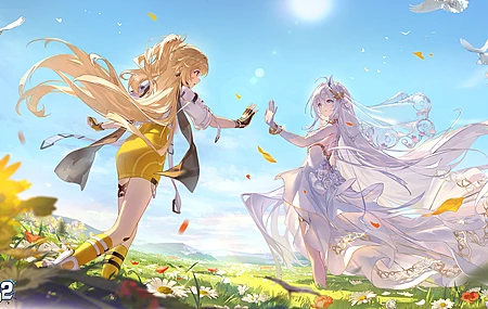 两个女人 长发 白色的头发 金发 白色的衣服 黄色的衣服 头发装饰品 天空 鸟 领域 云 花瓣 电脑壁纸 4K壁纸