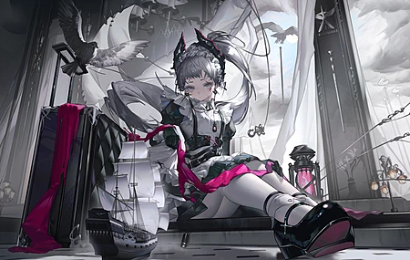 飞鸟 坐着 旅行箱 海船模型 电脑壁纸 4K壁纸