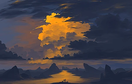 插图 风景 云 日落 天空 山 河 自然 电脑壁纸 4K壁纸