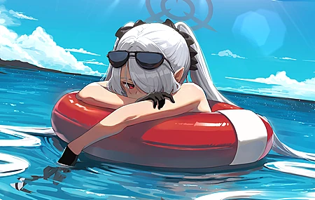 白发 动漫女孩 游泳圈 大海  电脑壁纸 4K壁纸