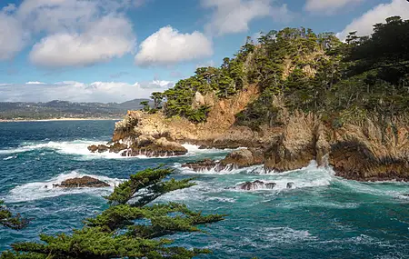 风景 海岸 悬崖 海 森林 柏树 云 自然 电脑壁纸 4K壁纸