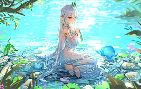 白发 长发 动漫 动漫女孩 连衣裙 水  电脑贴纸 8 K贴纸