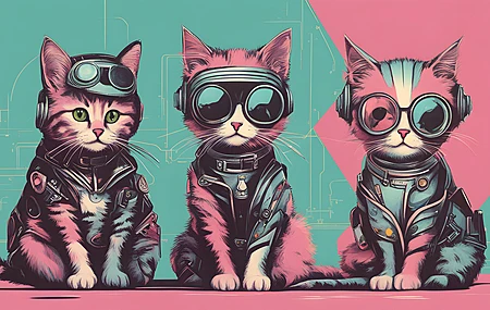 人工智能艺术 复古风格 未来主义 猫 护目镜 粉红色 蓝色 朋克 动物  电脑壁纸 4K壁纸