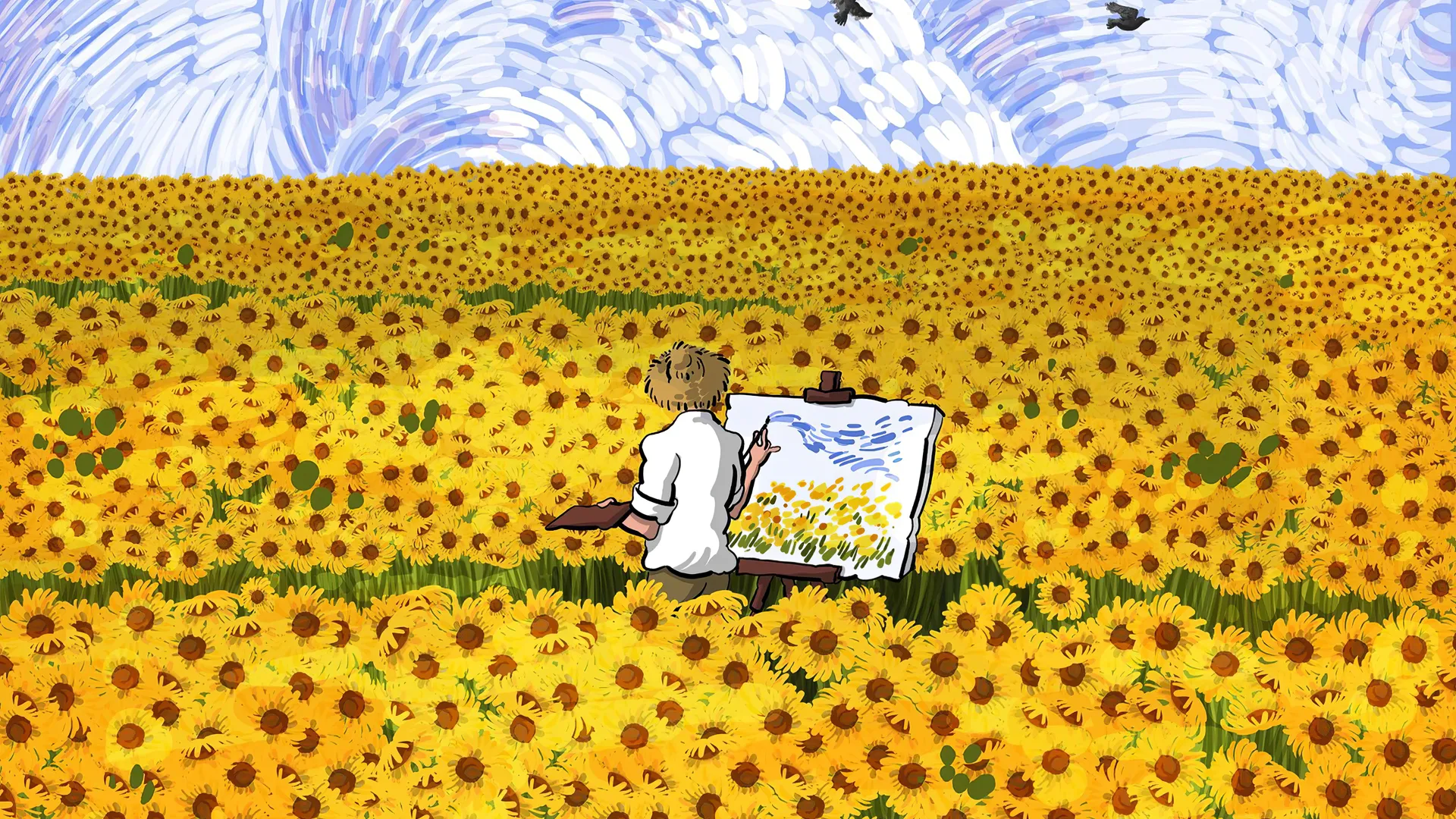 绘画 向日葵 鲜花 鸟类 草帽 后视镜 田野 电脑壁纸 4K壁纸