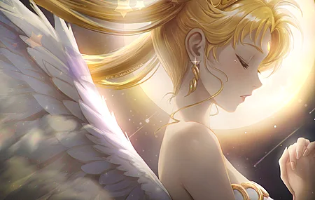 金发 长发 闭着眼睛 女性 侧面 美少女 翅膀 月亮 耳环 电脑壁纸 4K壁纸