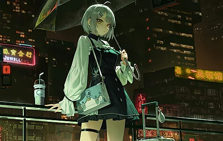 动漫 动漫女孩 雨 夜 裙子 手提箱 伞 城市 灰头发 黄眼睛 阳台  电脑壁纸 4K壁纸