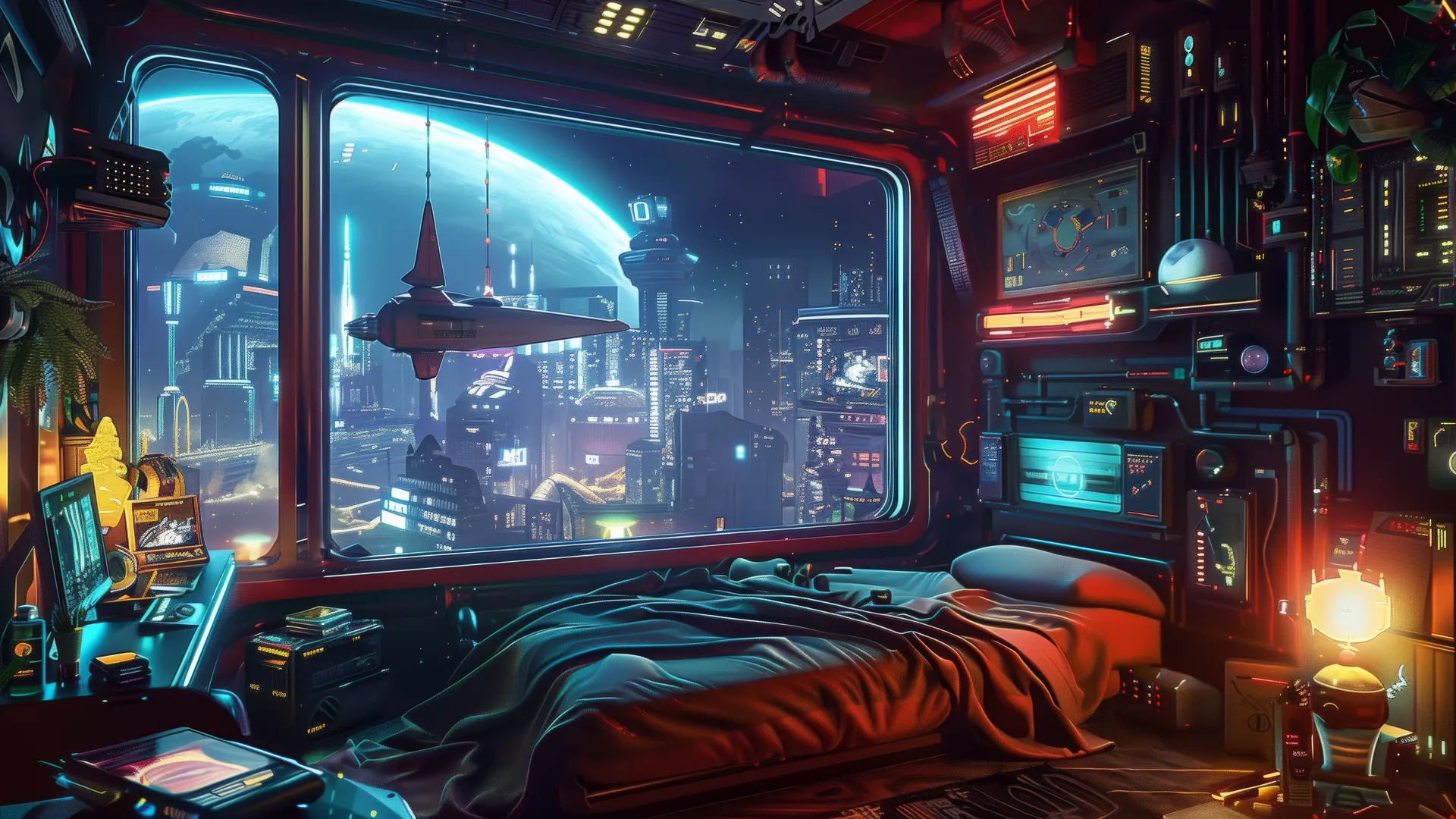 人工智能艺术 插图 赛博朋克 室内 床 窗户 电脑贴纸 4K贴纸