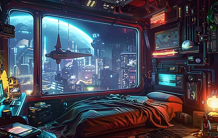 人工智能艺术 插图 赛博朋克 室内 床 窗户 电脑贴纸 4K贴纸