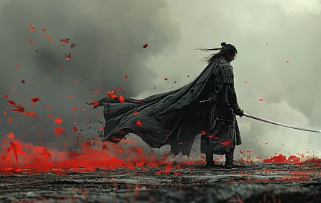 亚洲 人工智能艺术 插图 武士 树叶 烟雾 剑   电脑贴纸 4K贴纸