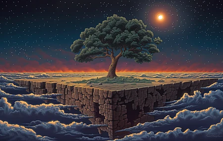 月亮 空中 漂浮 树木 云 高原 电脑贴纸 4K贴纸