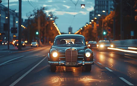奔驰 复古车 黄昏 驾驶 前灯  电脑贴纸 4K贴纸