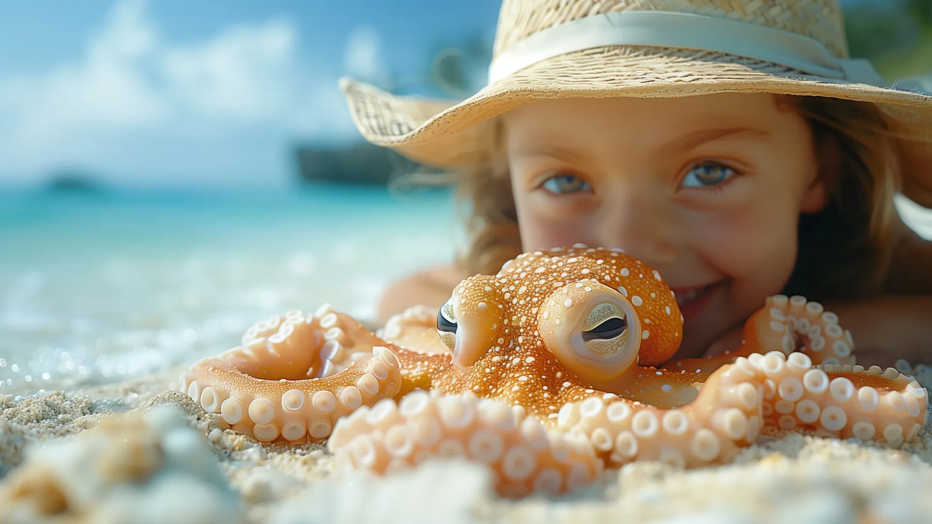 孩子们 看着观众 鱿鱼 章鱼 帽子 海滩   电脑贴纸 4K贴纸