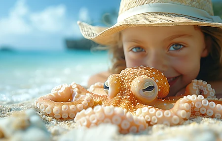 孩子们 看着观众 鱿鱼 章鱼 帽子 海滩   电脑贴纸 4K贴纸