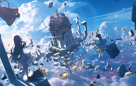 长发 花束 黄色花朵 积云 天空 连衣裙 钟声 花瓣 云彩 蜡烛 废墟 电脑壁纸 4K壁纸