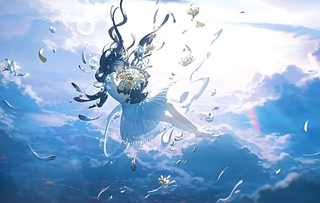 坠落 长发 白色连衣裙 花束 连衣裙 花 云 羽毛 花瓣 黑发 天空 阳光  电脑壁纸 4K壁纸