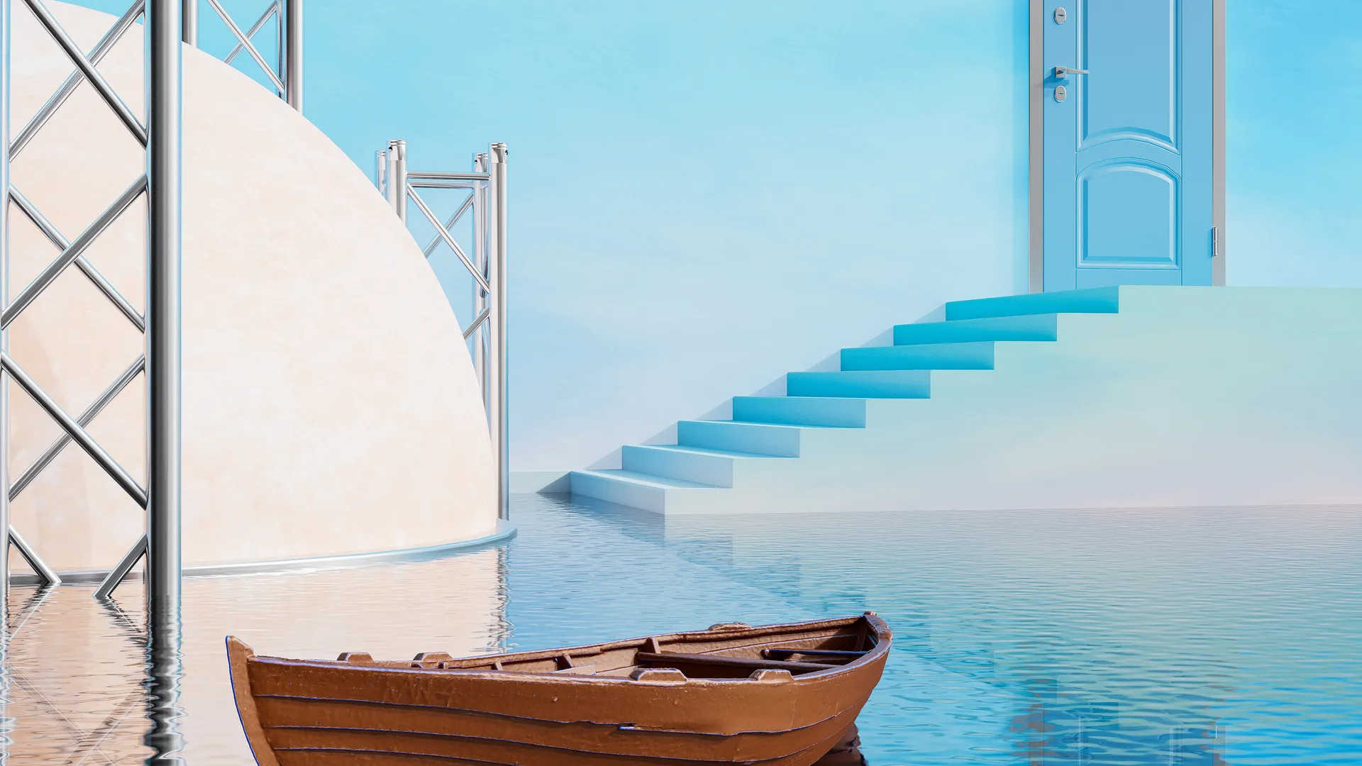 AI艺术 插图 蓝色 门 船 天空 手机壁纸 4K壁纸