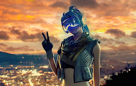 蓝头发 马尾辫 黄色 天空 游戏 城市灯光 和平精英 电脑壁纸 4K壁纸