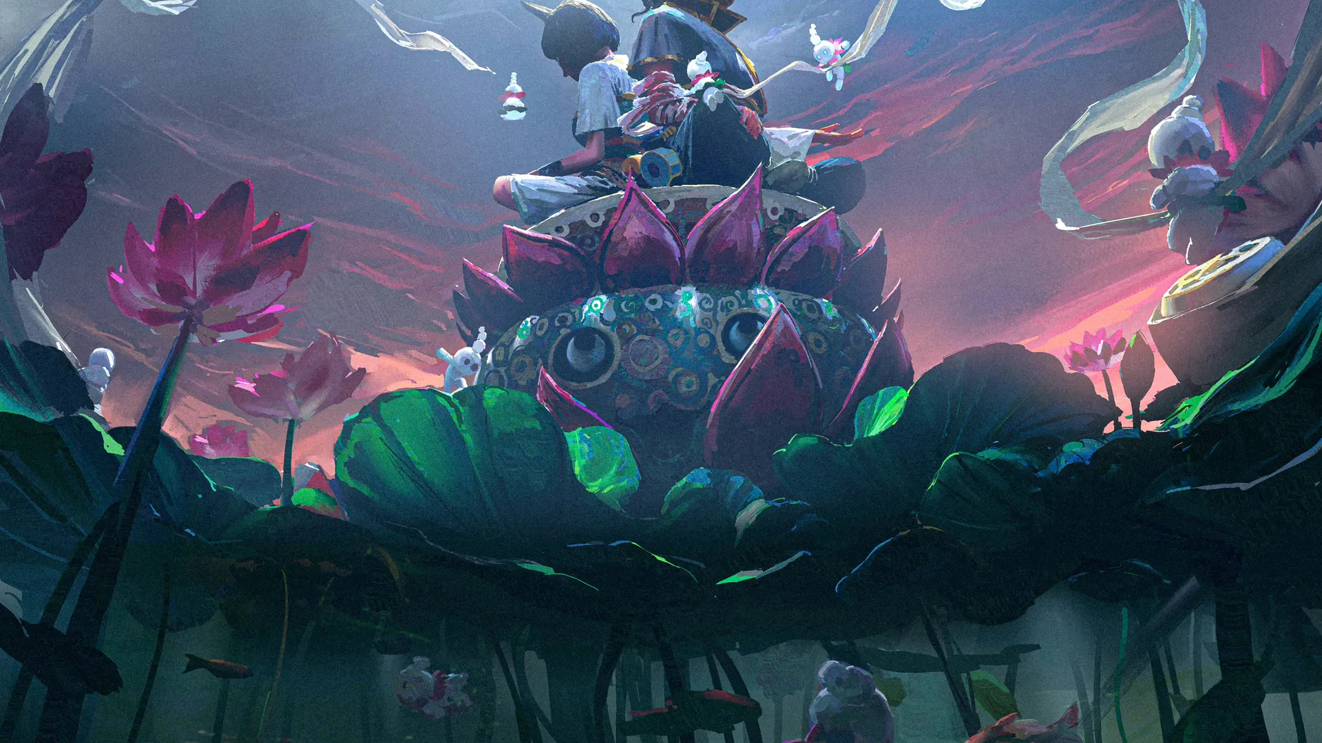 动漫 女孩 莲花 鱼 漫画 绘画 手机壁纸 4K壁纸