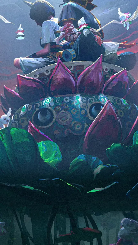 动漫 女孩 莲花 鱼 漫画 绘画 手机壁纸 4K壁纸