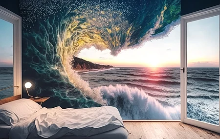 AI艺术 插图 波浪 卧室 夕阳 水 床 枕头  电脑壁纸 4K壁纸
